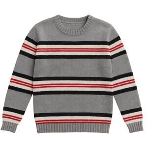Girls Gray Striped Crewneck Knit Pullover Sweater